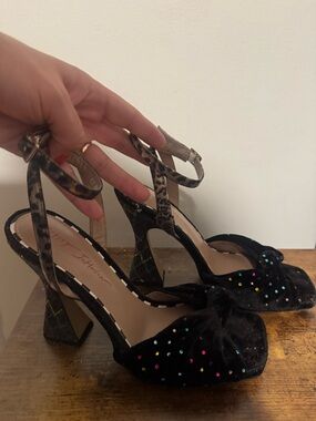 Betsey Johnson Black Embellished Velvet Block Heel Sandals - Women Size 8.5